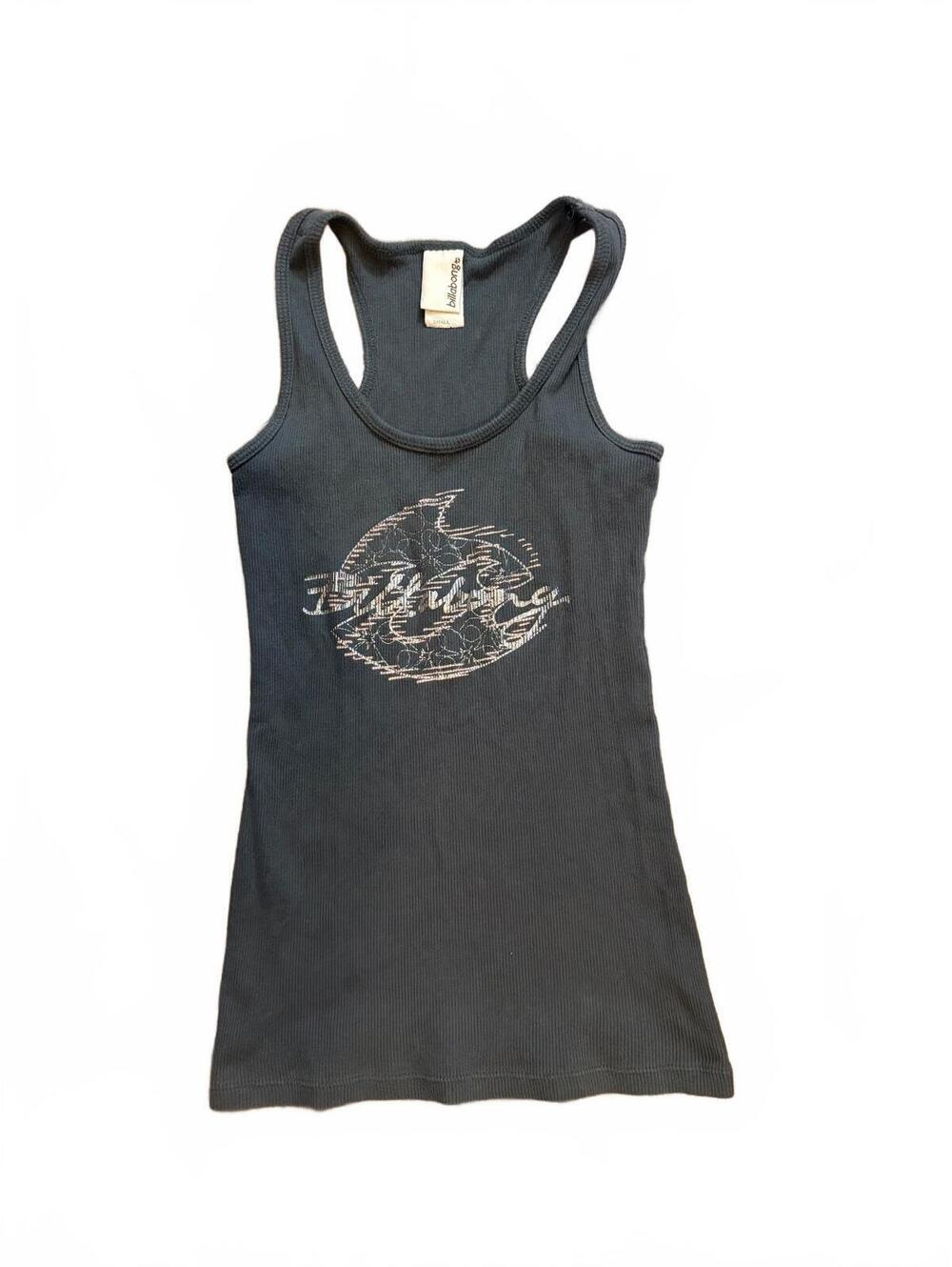 Y2K Billabong Racerback Tank Top Small Gray Ribbed Surf Graphic Long Fitted